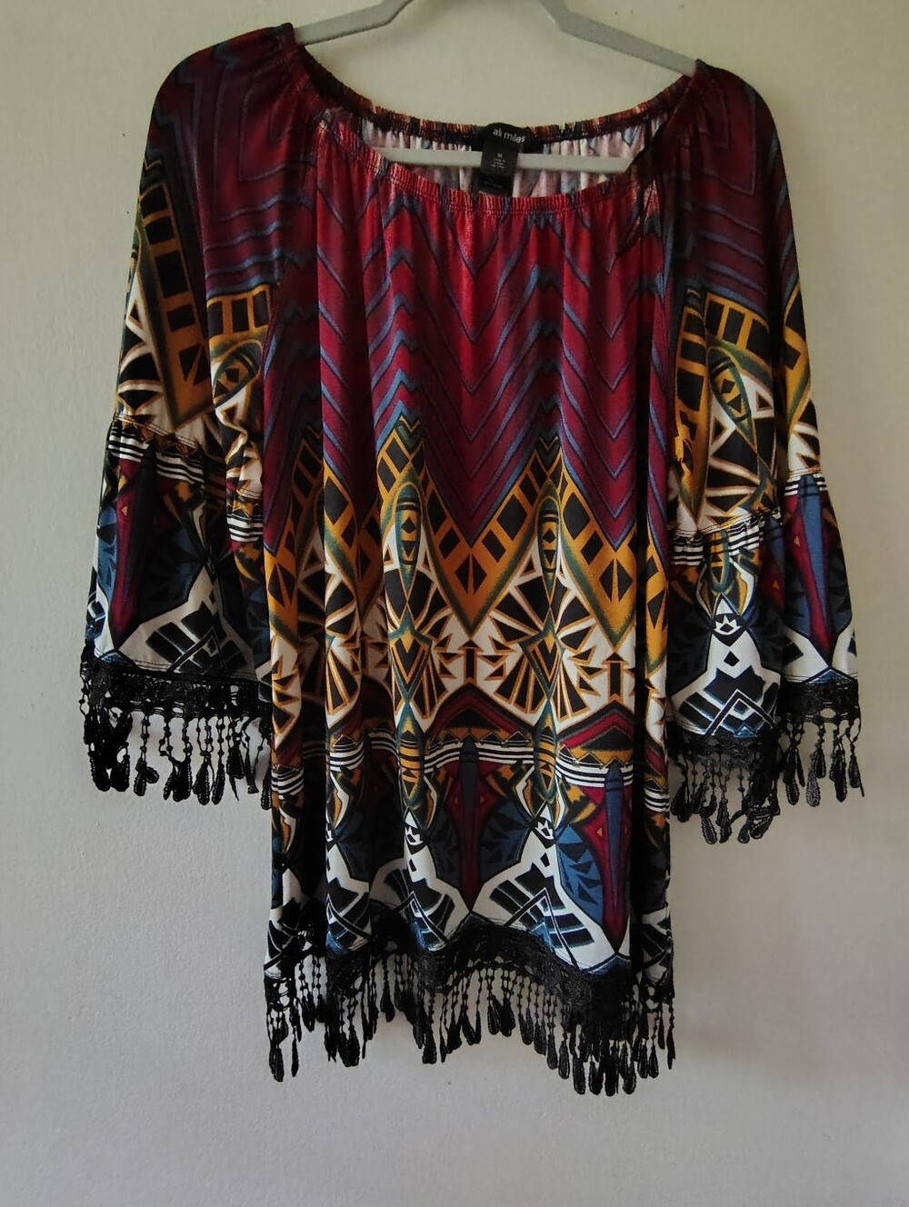 Ali Miles Fringe Tunic Top Medium Boho Flowy Southwestern Stretch Lagenlook